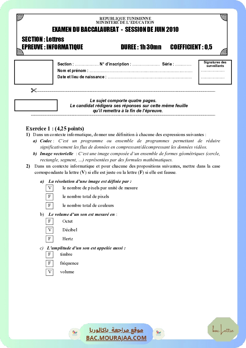 Corrigé principale info Bac 2010 – Section lettre